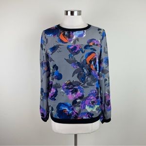 Forever 21 Black Blue Gray Floral Long Sleeve Blouse Top Women Small Sheer